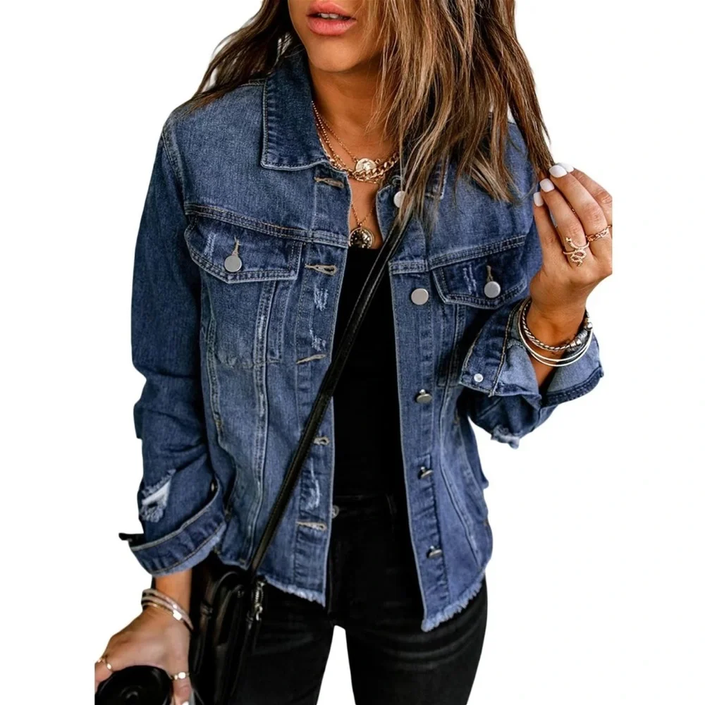 Jean Jacket - Ripped Distressed Fringe Denim Jacket with Pockets - Size L - Picture 1 of 6